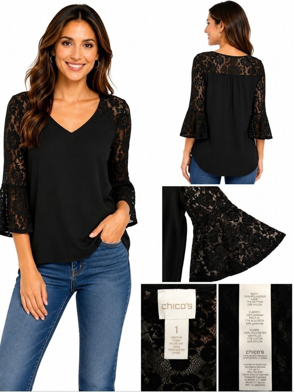 Chico's Black Lace Bell Sleeve Blouse V Neck Romatic Tunic Size Medium 8